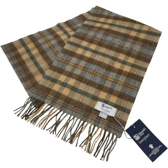 Authentic Johnstons Muffler Tartan Check Scarf Beige Cashmere #36635515 - Picture 1 of 8